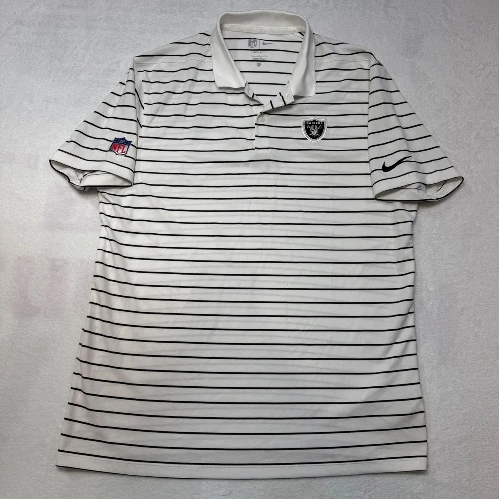 Nike NFL Raiders Polo Shirt Mens Large White Excellent Striped Dri-FIT Logo